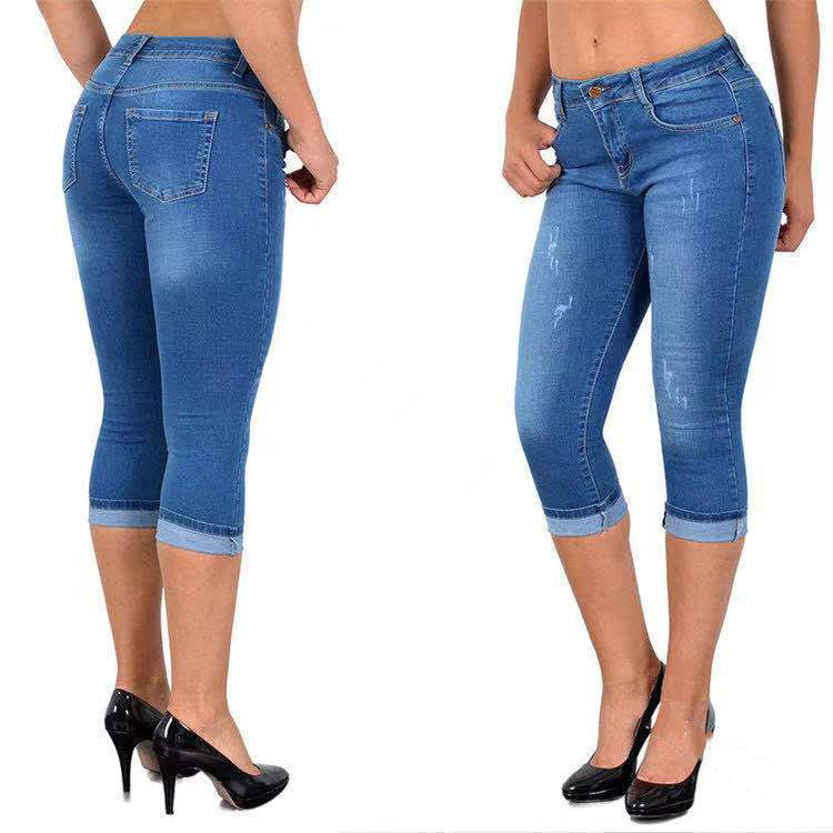 ✅ "2 ST = FRAKTFRIET" Slitna capris-jeans med upprullad fåll