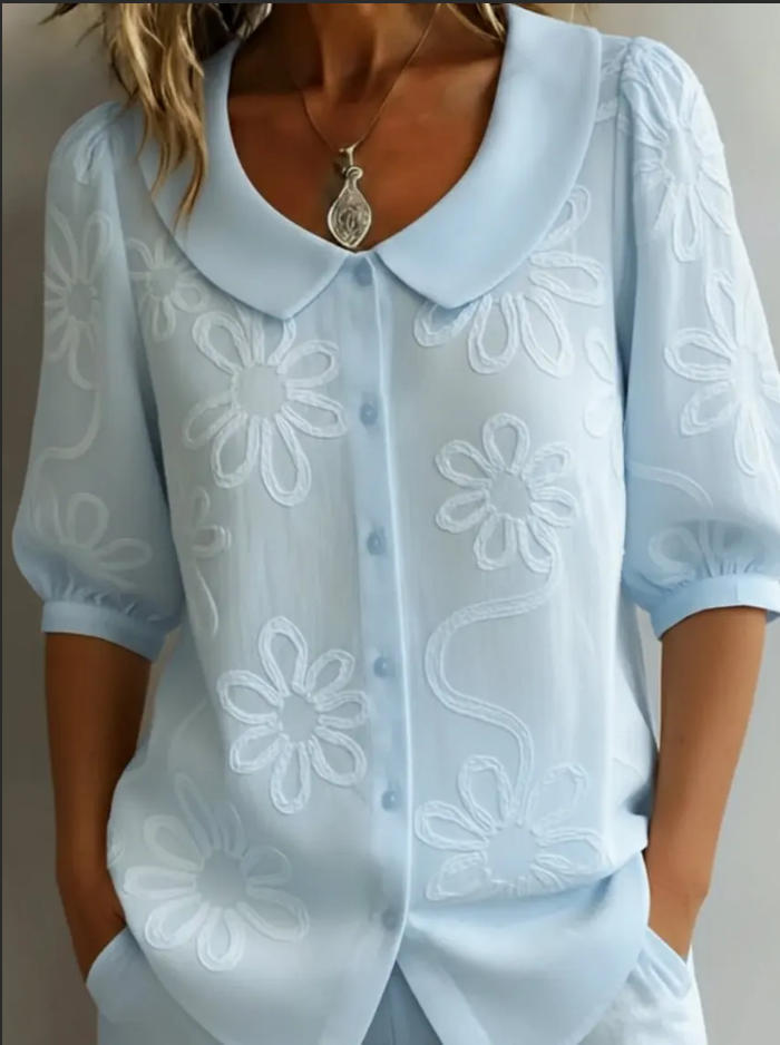 ✈️Köp 2 och få fri frakt✈️Skjorta med retrokrage broderad med blommor