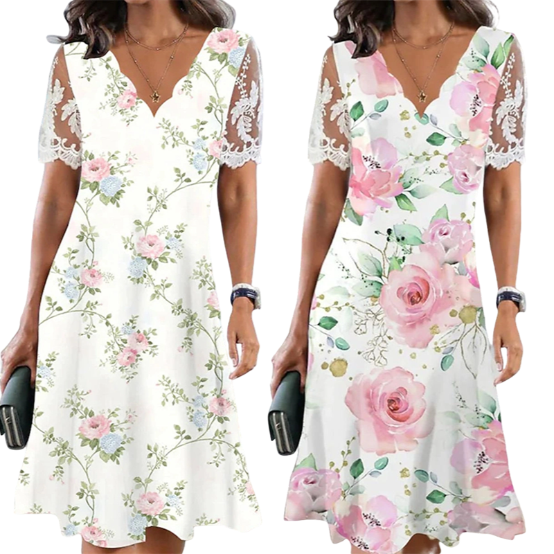 Damklänning med blommönster och spetsärmar