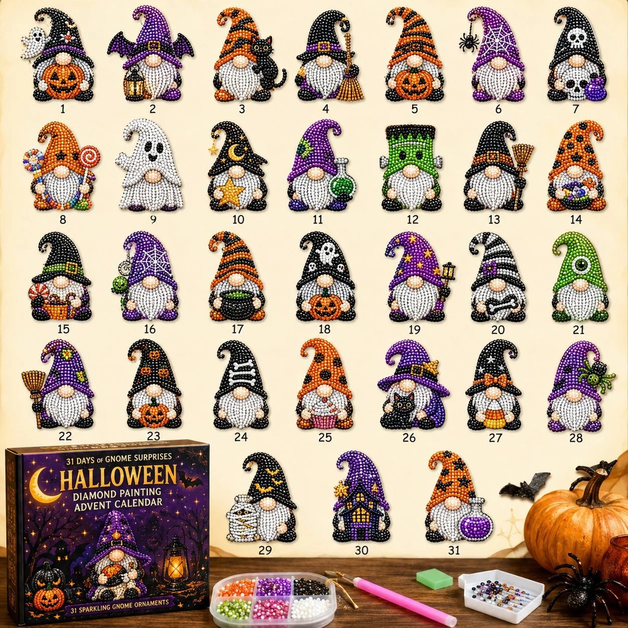 🎃✨ 31 dagars gnomöverraskningar Halloween Diamond Painting Adventskalender