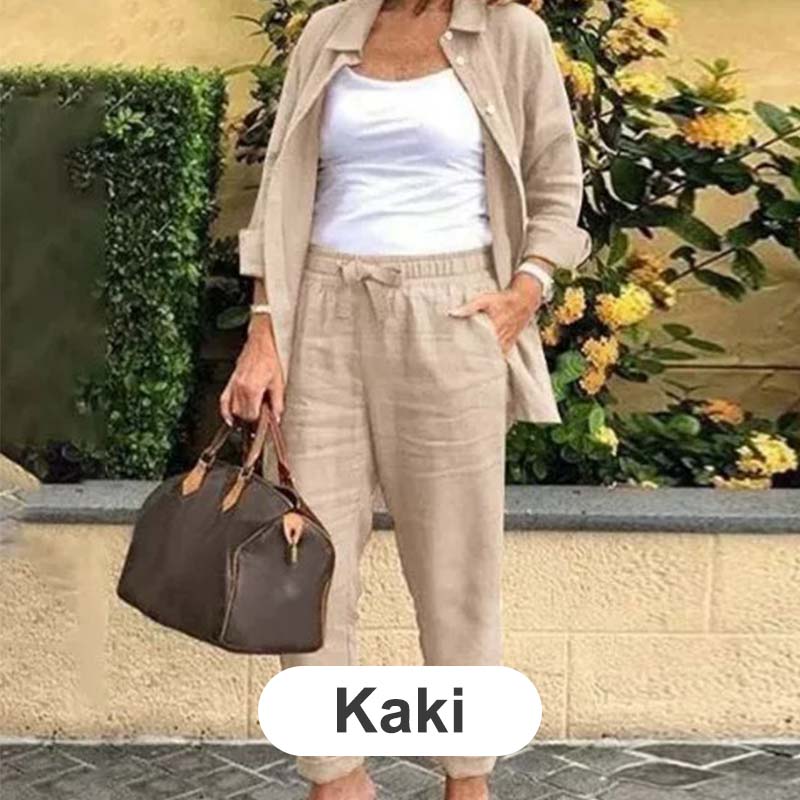 đ„Köp 2, fri fraktđ„LĂ„ngĂ€rmad skjorta och byxa set för kvinnor i bomull och linne
