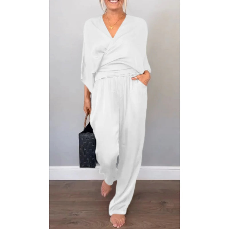 💃2-teiliges Damen-Set aus Oberteil und Hose mit V-Ausschnitt und merzerisierter Baumwolle