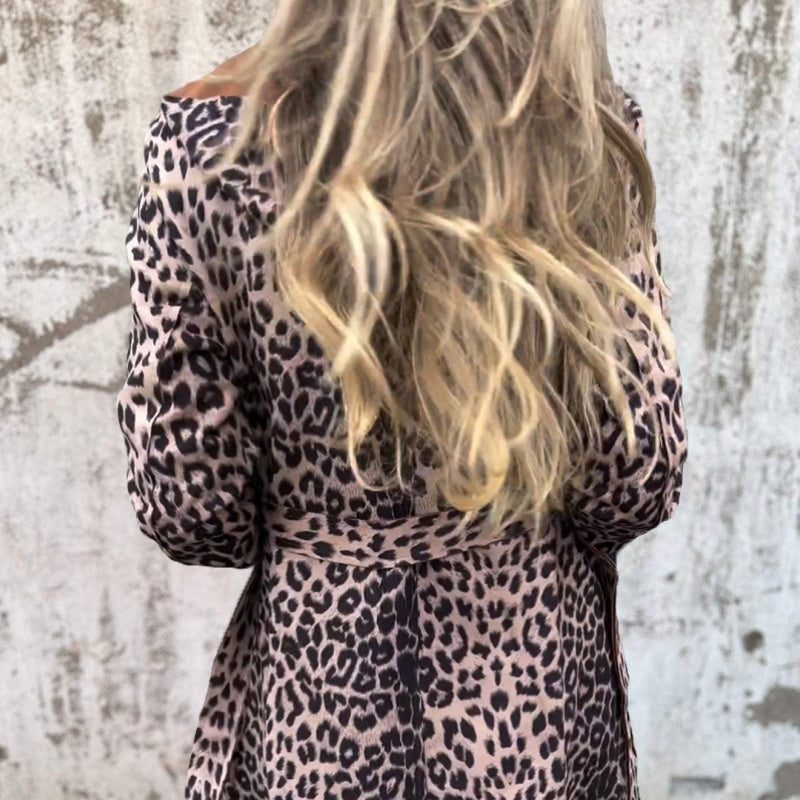 Trenchcoat med huva och leopardmönster för kvinnor