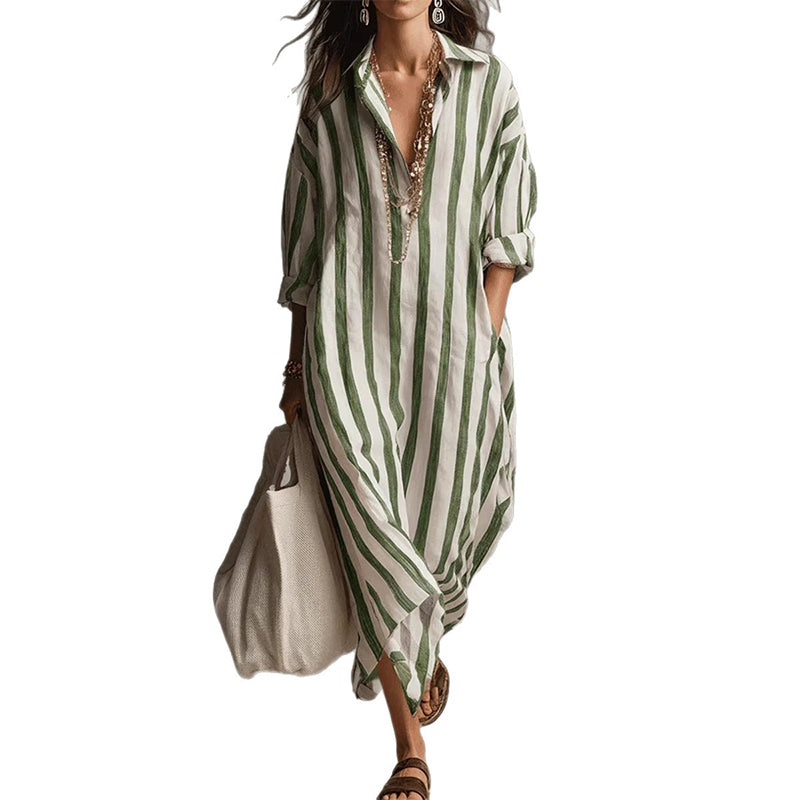 ✈️Köp 2 – fri frakt✈️Casual randig långärmad skjortklänning för damer