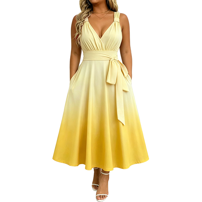 Elegant klänning med V-ringning och fickor för kvinnor
