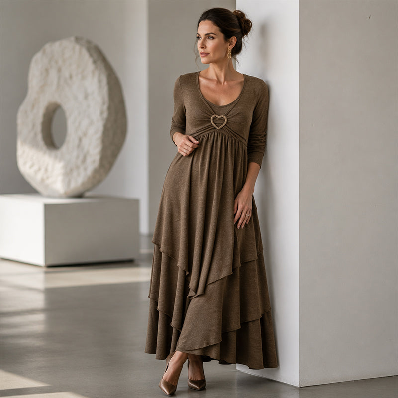 Bästsäljare🏆👗 Midi-klänning i lager-på-lager-stil med hjärtdetalj – smickrande A-linje och luftigt tyg, perfekt för resor eller festligheter