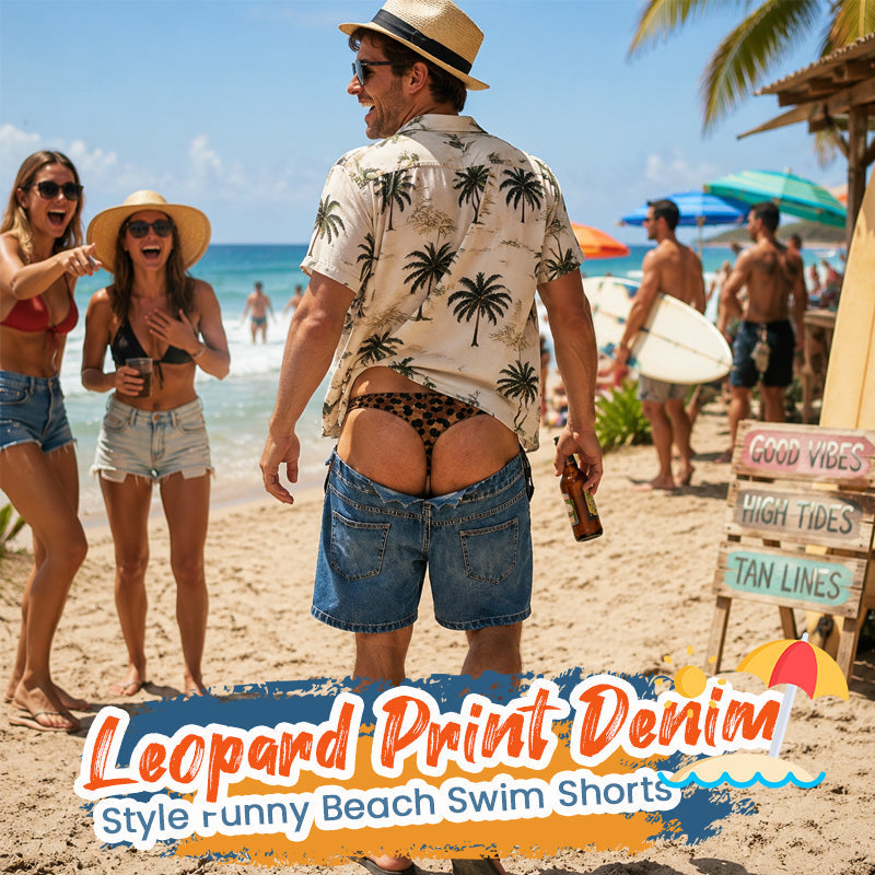 Roliga badshorts i leopardmönster som liknar denim | Originala badshorts med optisk illusion