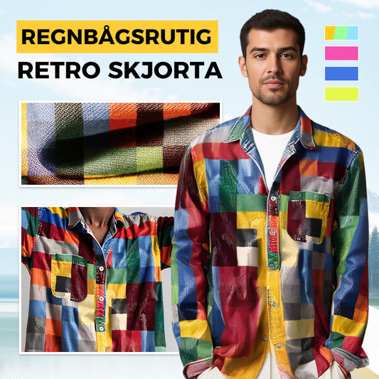✈️2ST = FRAKTFRIET✈️Unisex Simple Rainbow Color Plaid Vintage Printed Lapel Långärmad skjorta med fickor