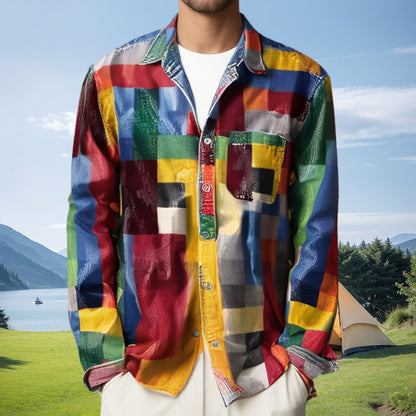 ✈️2ST = FRAKTFRIET✈️Unisex Simple Rainbow Color Plaid Vintage Printed Lapel Långärmad skjorta med fickor