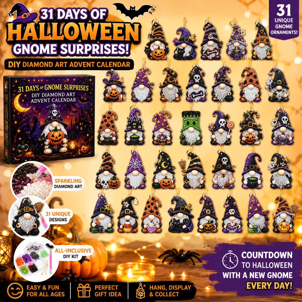 🎃✨ 31 dagars gnomöverraskningar Halloween Diamond Painting Adventskalender