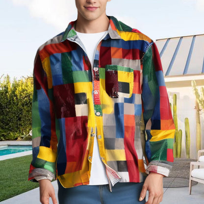 ✈️2ST = FRAKTFRIET✈️Unisex Simple Rainbow Color Plaid Vintage Printed Lapel Långärmad skjorta med fickor