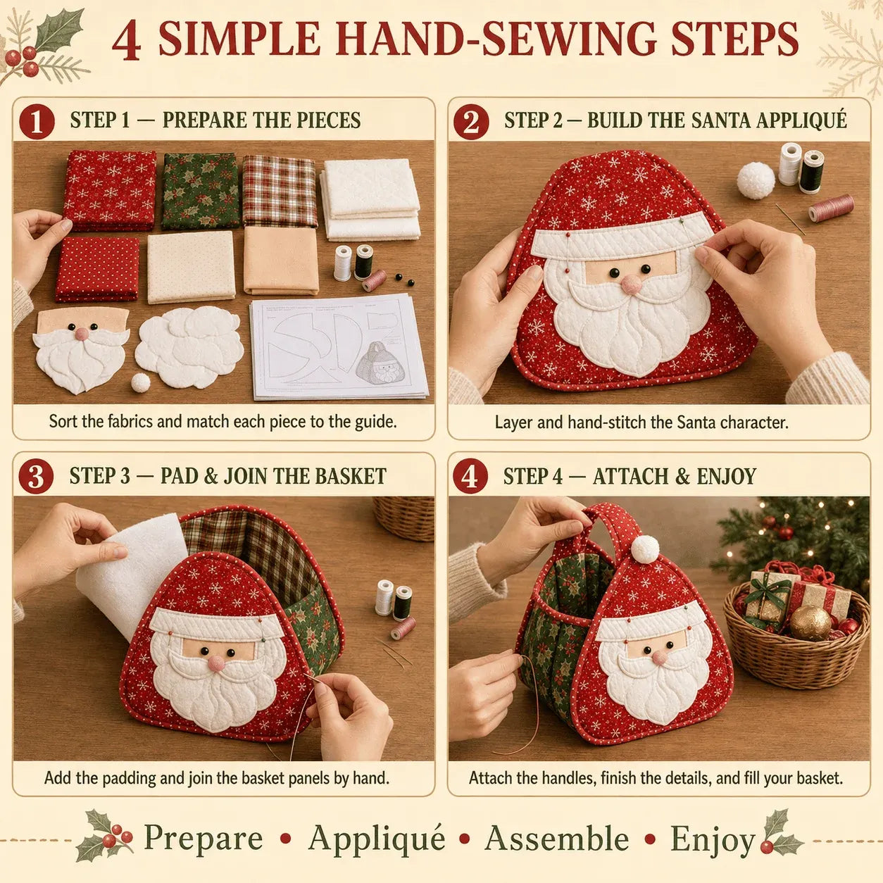 ⭐🎉🎄 Julkaraktär quiltad bärkorg | Vadderade patchworktyger, skiktad applikation och mjukt bärhandtag i DIY-sats eller färdiga stilar 🎁✨