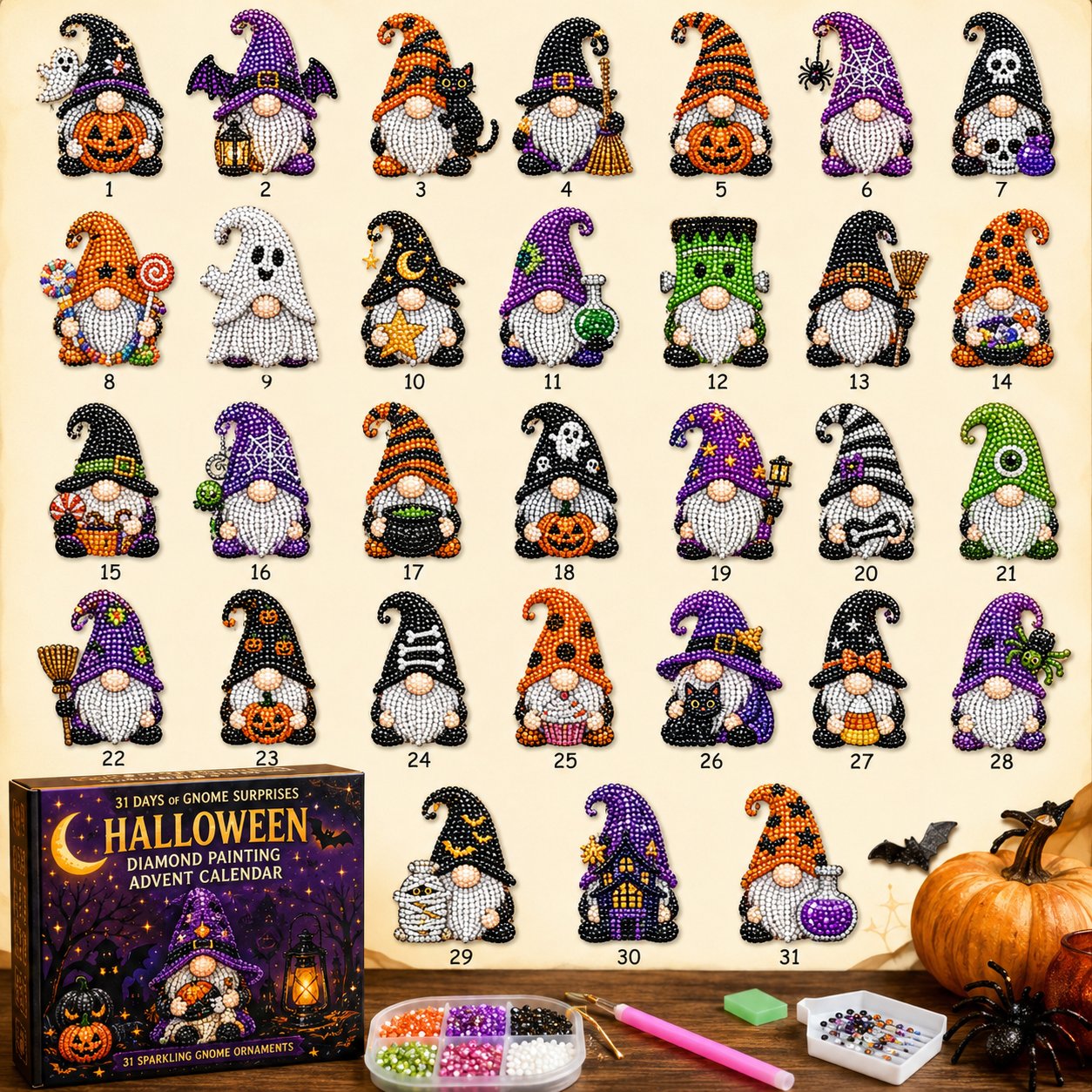 🎃✨ 31 dagars gnomöverraskningar Halloween Diamond Painting Adventskalender