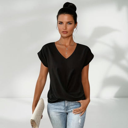 💥STOR REA👚Elegant kortärmad T-shirt med vriden V-ringning