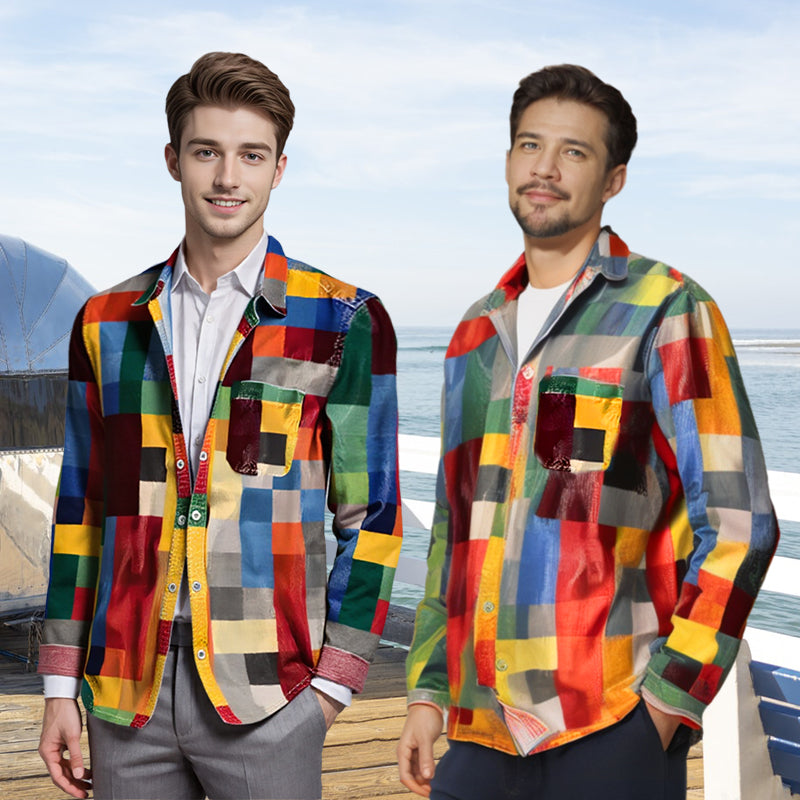 ✈️2ST = FRAKTFRIET✈️Unisex Simple Rainbow Color Plaid Vintage Printed Lapel Långärmad skjorta med fickor