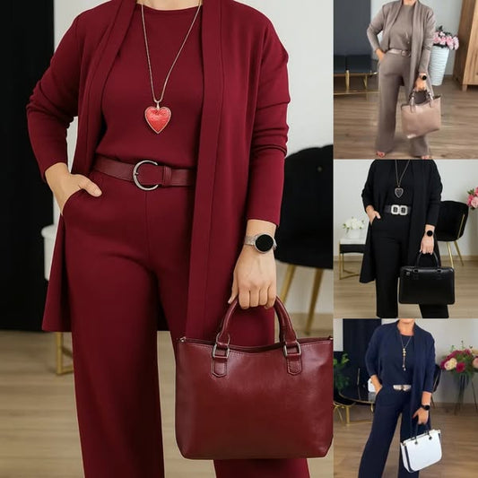 🔥Mest populärt🔥Hemkomfort + Business Elegance Lång kofta, topp och byxor, 3-delat set👚