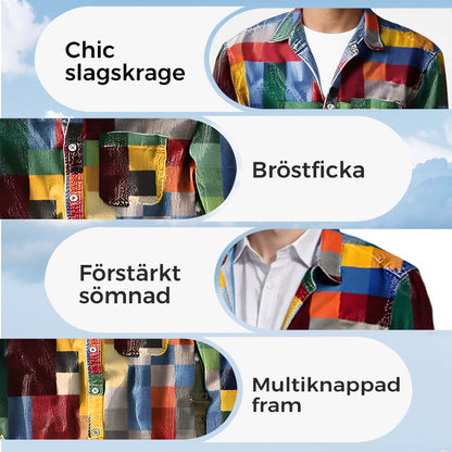 ✈️2ST = FRAKTFRIET✈️Unisex Simple Rainbow Color Plaid Vintage Printed Lapel Långärmad skjorta med fickor