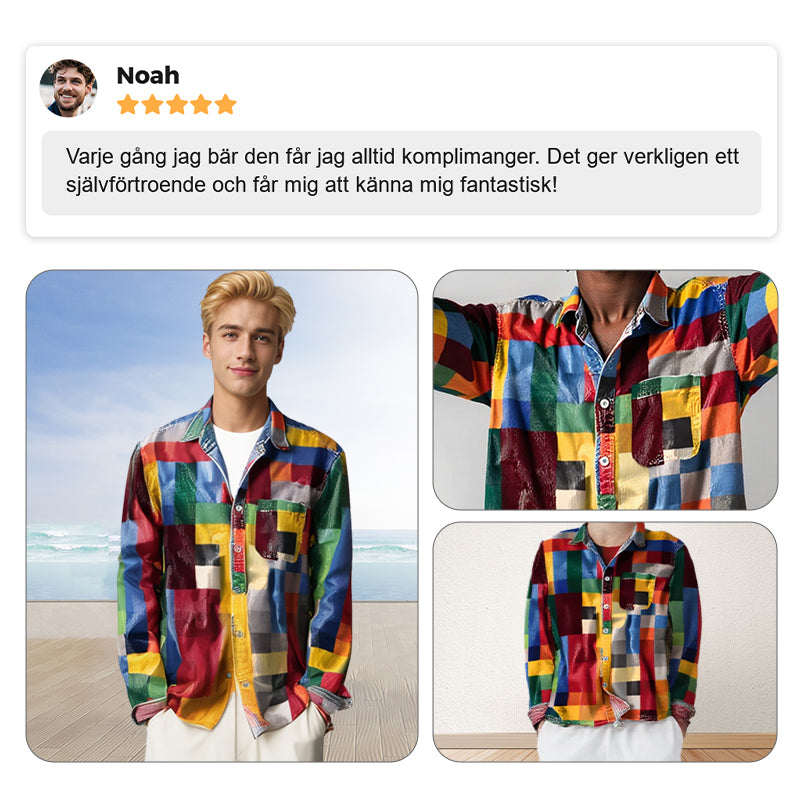 ✈️2ST = FRAKTFRIET✈️Unisex Simple Rainbow Color Plaid Vintage Printed Lapel Långärmad skjorta med fickor