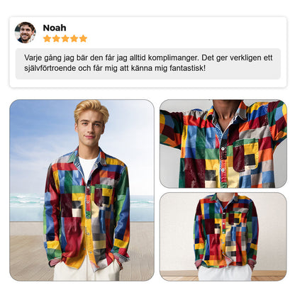 ✈️2ST = FRAKTFRIET✈️Unisex Simple Rainbow Color Plaid Vintage Printed Lapel Långärmad skjorta med fickor