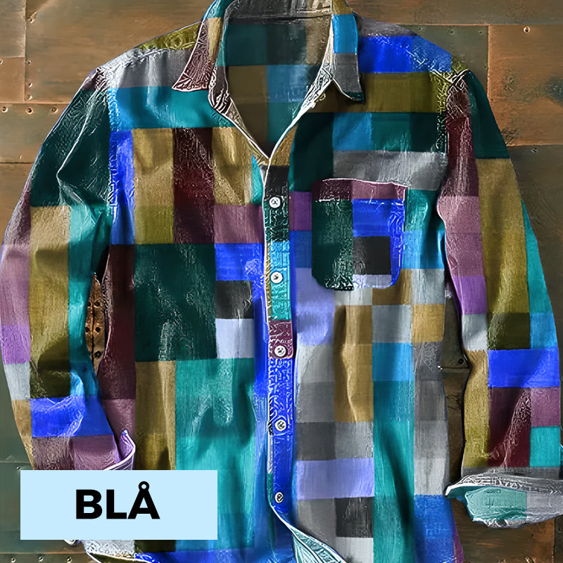 ✈️2ST = FRAKTFRIET✈️Unisex Simple Rainbow Color Plaid Vintage Printed Lapel Långärmad skjorta med fickor