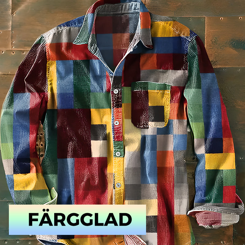 ✈️2ST = FRAKTFRIET✈️Unisex Simple Rainbow Color Plaid Vintage Printed Lapel Långärmad skjorta med fickor