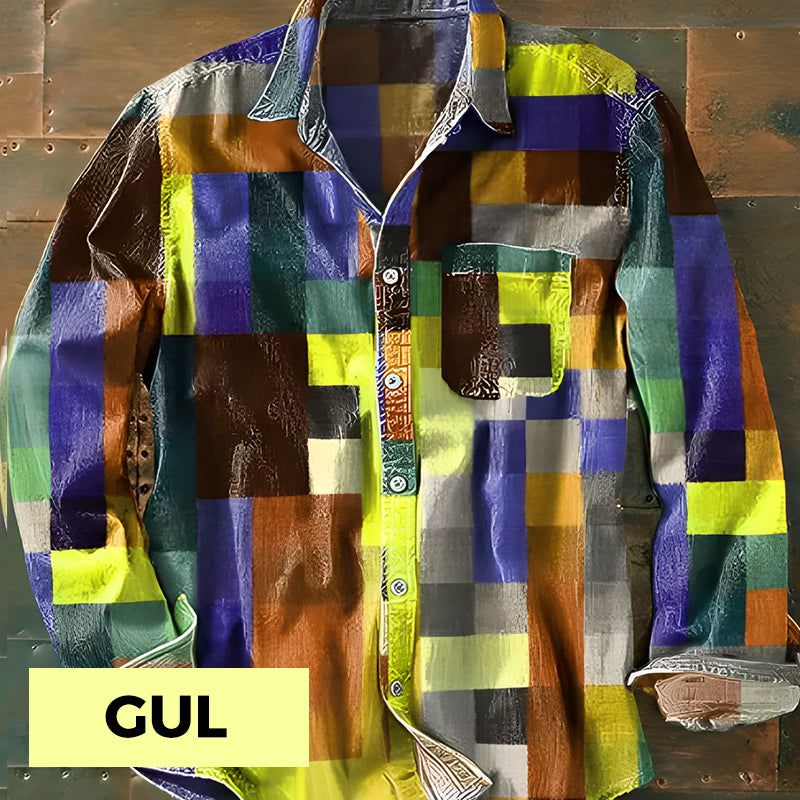 ✈️2ST = FRAKTFRIET✈️Unisex Simple Rainbow Color Plaid Vintage Printed Lapel Långärmad skjorta med fickor