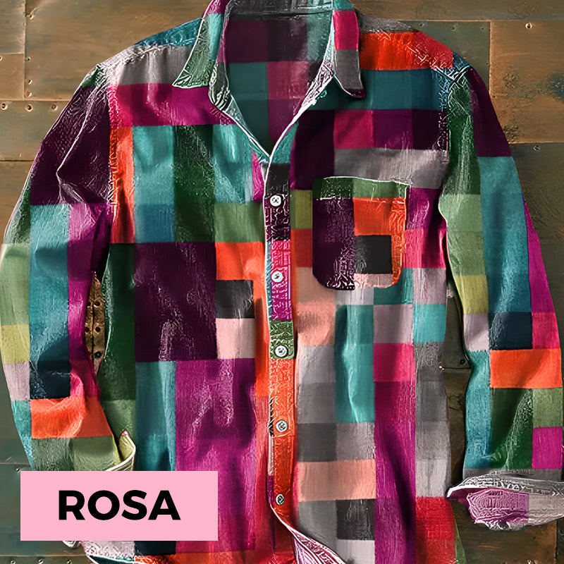 ✈️2ST = FRAKTFRIET✈️Unisex Simple Rainbow Color Plaid Vintage Printed Lapel Långärmad skjorta med fickor
