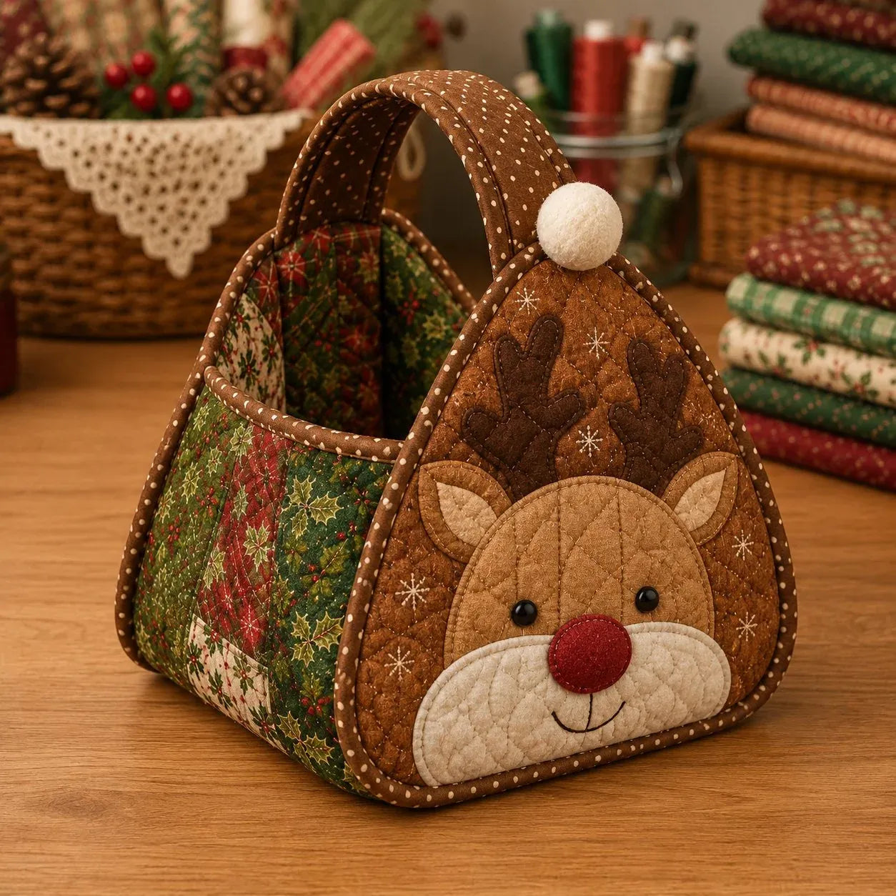 ⭐🎉🎄 Quiltad julkaraktärsbärkorg | Vadderade patchworktyger, lagerlagd applikation & mjukt bärhandtag i DIY-kit eller färdiga stilar 🎁✨