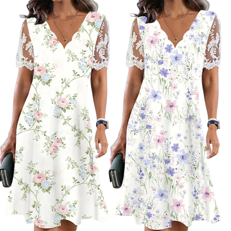 Damklänning med blommönster och spetsärmar