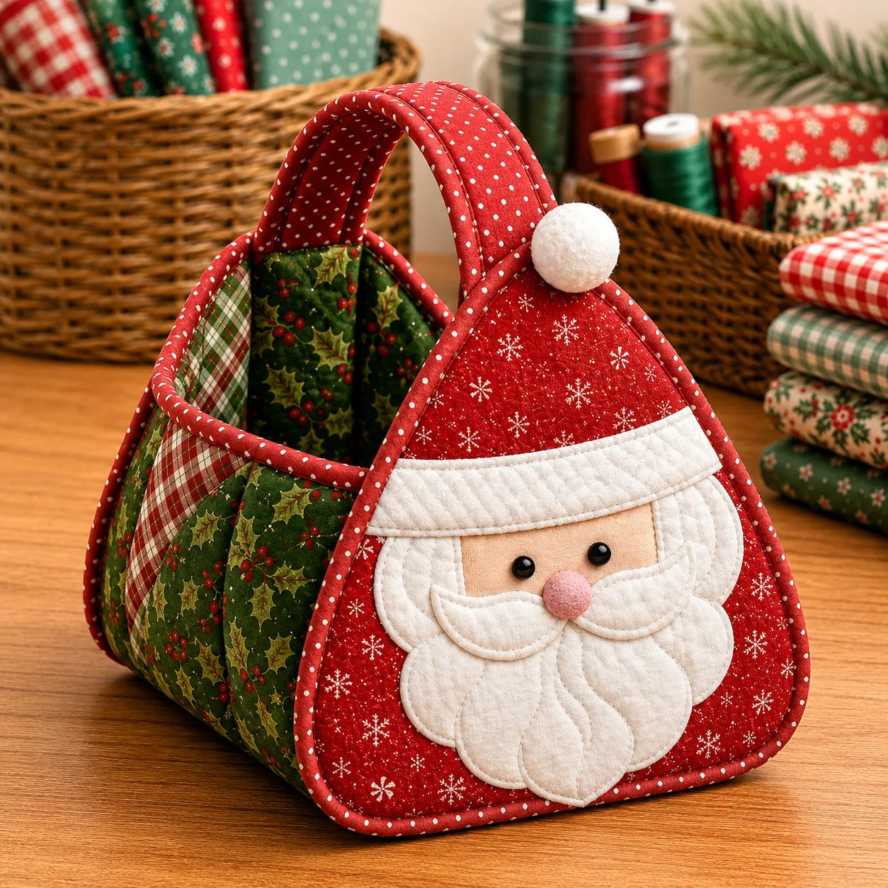 ⭐🎉🎄 Quiltad julkaraktärsbärkorg | Vadderade patchworktyger, lagerlagd applikation & mjukt bärhandtag i DIY-kit eller färdiga stilar 🎁✨