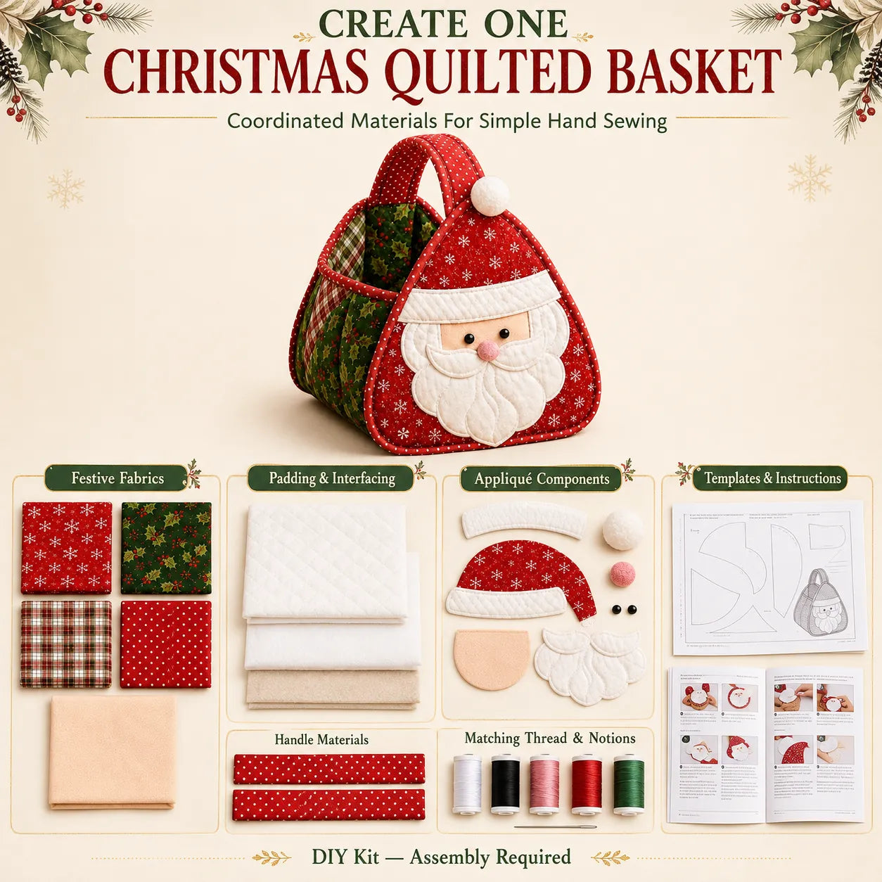 ⭐🎉🎄 Quiltad julkaraktärsbärkorg | Vadderade patchworktyger, lagerlagd applikation & mjukt bärhandtag i DIY-kit eller färdiga stilar 🎁✨