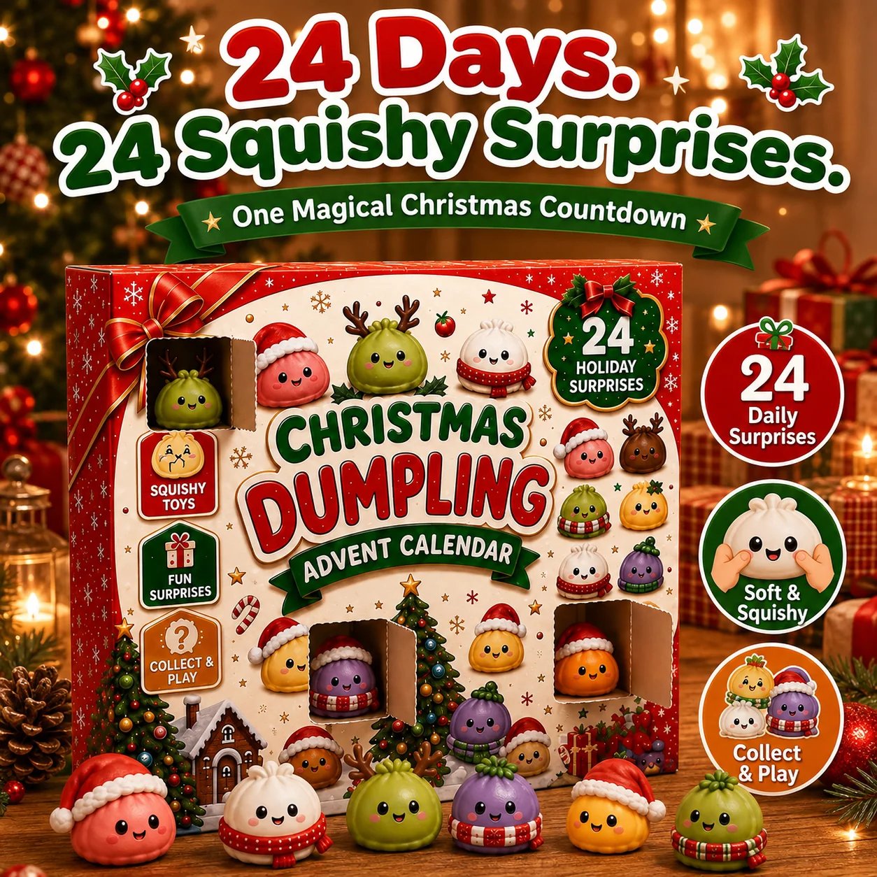 🎅 JULSPECIAL | 24 dagar av Mini Squishies – Söt 2026 adventskalender med dagliga dumplingöverraskningar