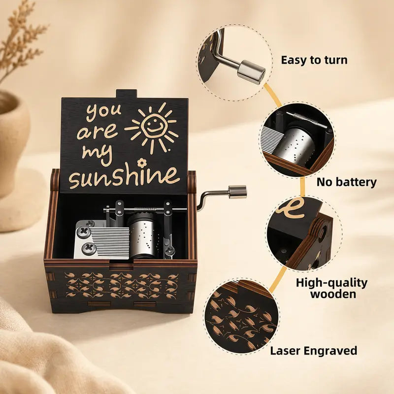 Vintage Trä Handvevad Speldosa – Lasergraverad "You Are My Sunshine" Melodibox