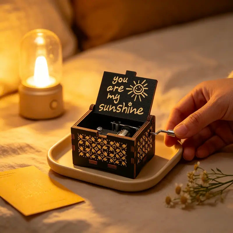 Vintage Trä Handvevad Speldosa – Lasergraverad "You Are My Sunshine" Melodibox