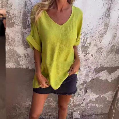 💥🥰T-shirt i bomull och linne med överdimensionerad V-ringning