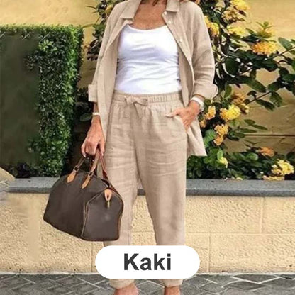 🔥Köp 2, fri frakt🔥Långärmad skjorta och byxa set för kvinnor i bomull och linne