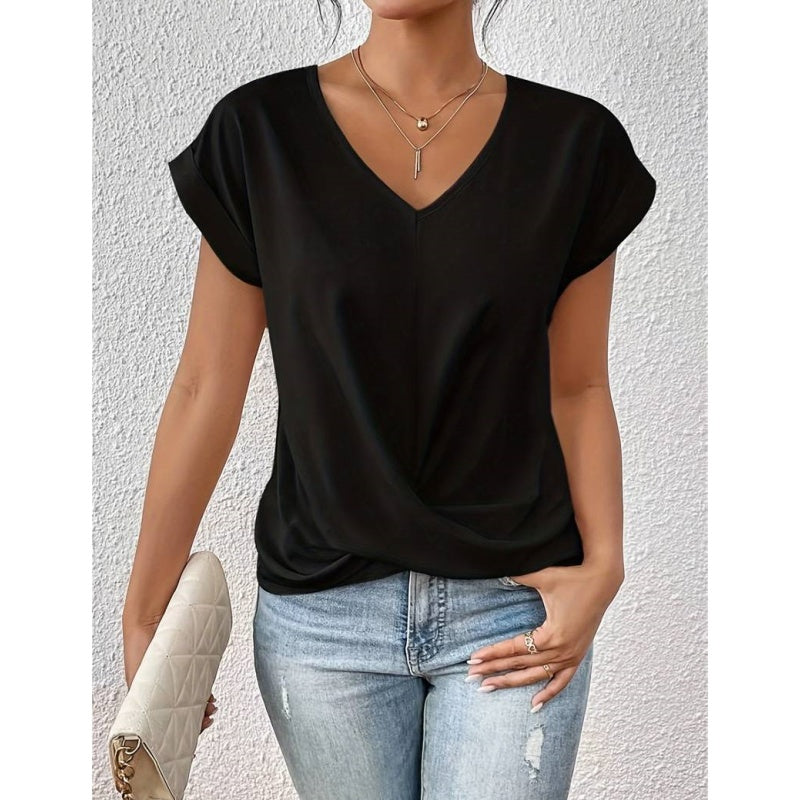 💥STOR REA👚Elegant kortärmad T-shirt med vriden V-ringning