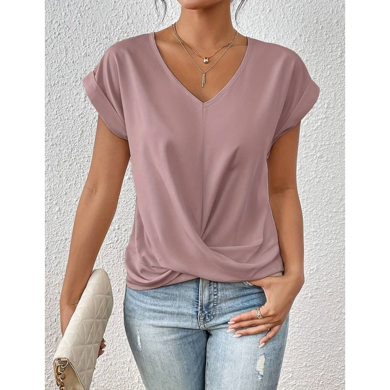 💥STOR REA👚Elegant kortärmad T-shirt med vriden V-ringning