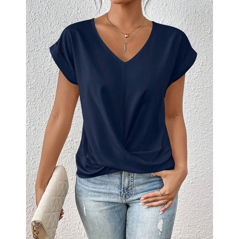 💥STOR REA👚Elegant kortärmad T-shirt med vriden V-ringning