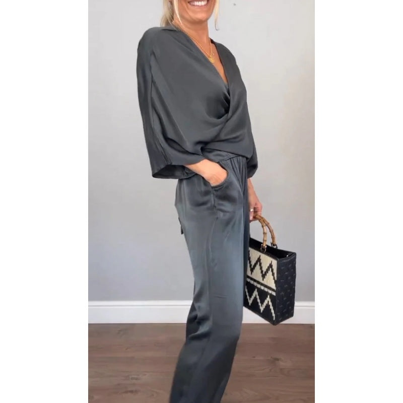 💃2-teiliges Damen-Set aus Oberteil und Hose mit V-Ausschnitt und merzerisierter Baumwolle