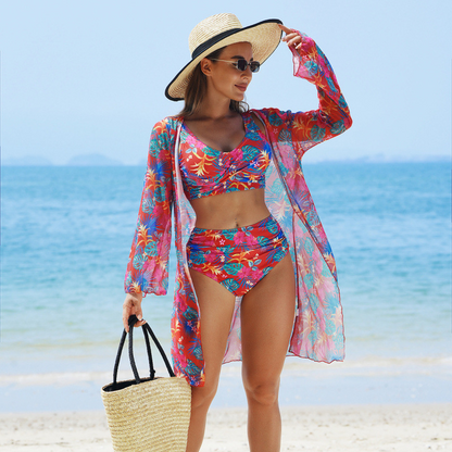 ⭐ "2 st = fri frakt" 🌊🐚🌴Blooming Magic of Summer - tredelad bikinibaddräkt i mesh för kvinnor