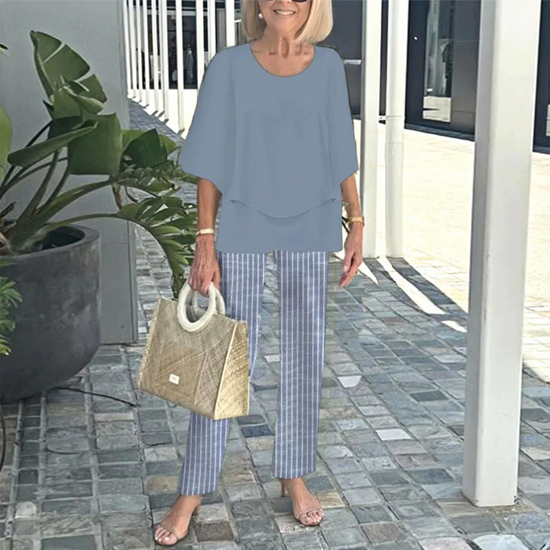 🌸Sommarfynd 49% RABATT🌸Dam Set: mönstrade byxor och rundhalsad topp
