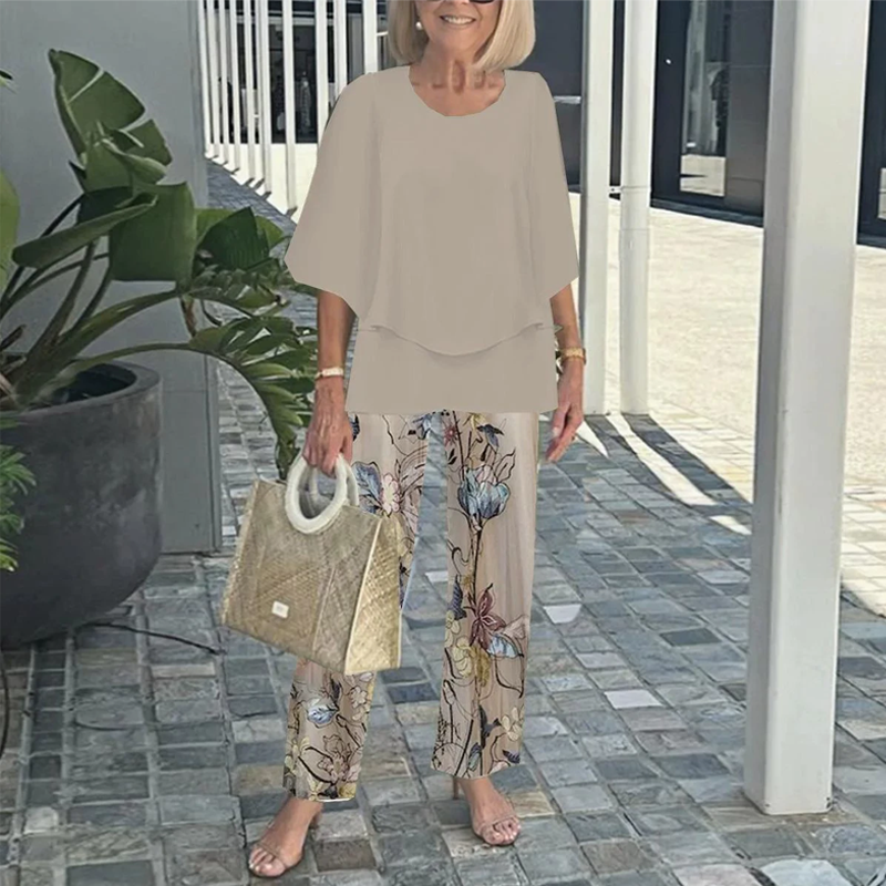 🌸Sommarfynd 49% RABATT🌸Dam Set: mönstrade byxor och rundhalsad topp