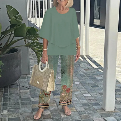 🌸Sommarfynd 49% RABATT🌸Dam Set: mönstrade byxor och rundhalsad topp