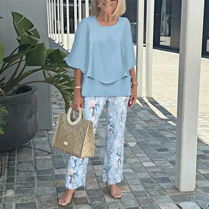 🌸Sommarfynd 49% RABATT🌸Dam Set: mönstrade byxor och rundhalsad topp