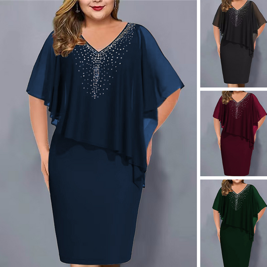 ✈️Köp 2 set med fri frakt✨Klänning med strass, V-ringning och chiffongöverdrag