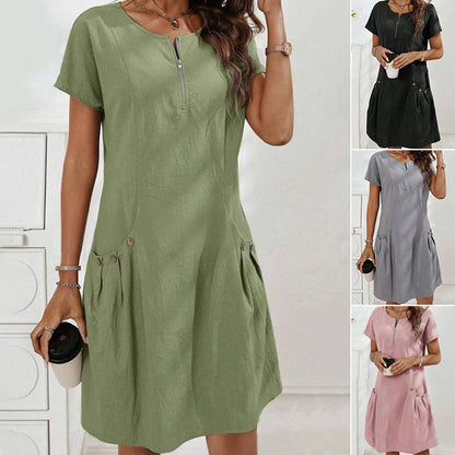 👗 60 % RABATT! ✨ Damklänning med halv dragkedja – knäppta fickor, mjukt tyg och avslappnad passform 🌸