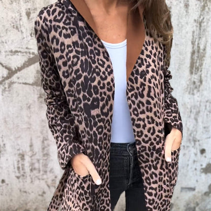 Trenchcoat med huva och leopardmönster för kvinnor