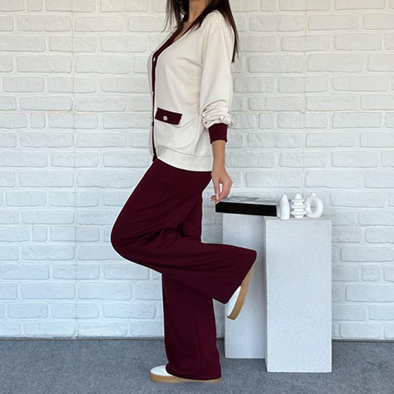 👚👖Fransk stil med färgblockerad stickad kofta och vida byxor