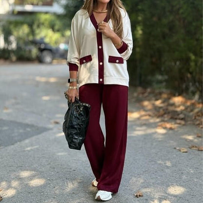 👚👖Fransk stil med färgblockerad stickad kofta och vida byxor